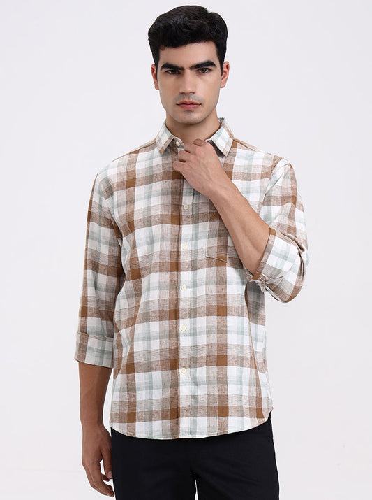 White & Brown Checked Slim Fit Casual Shirt | Greenfibre