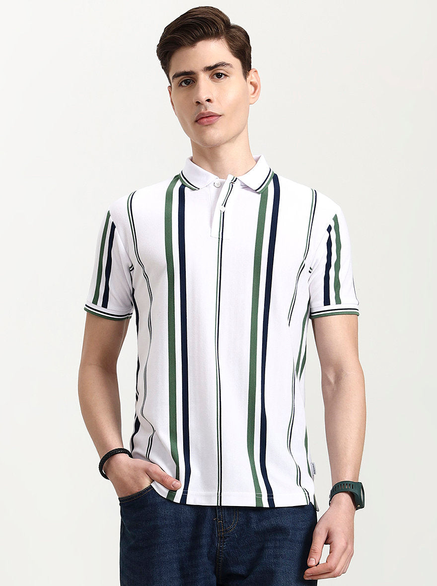 White & Green Striped Slim Fit Polo T-Shirt | Greenfibre