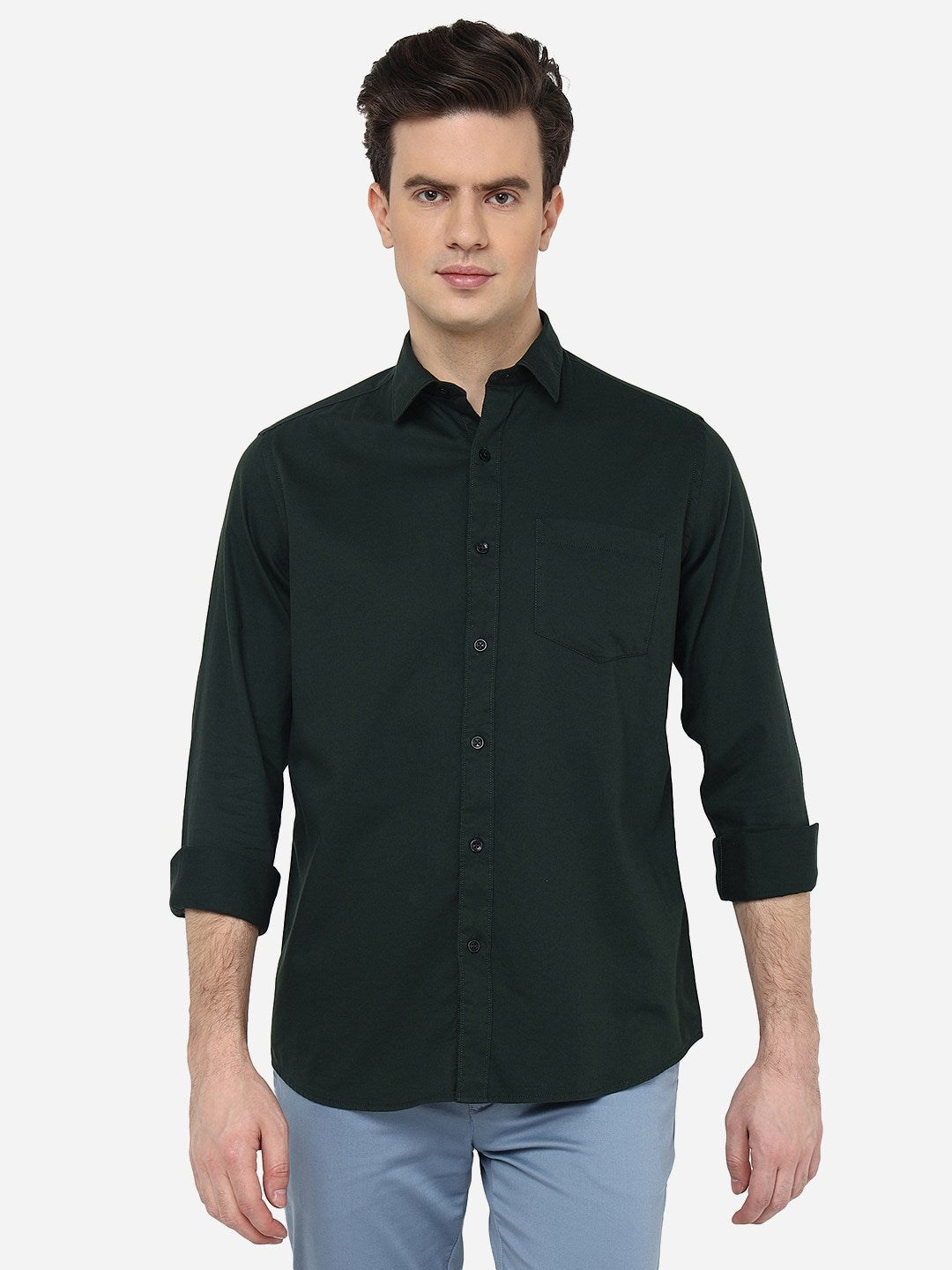 Bottle Green Solid Smart Fit Semi Casual Shirt | Greenfibre