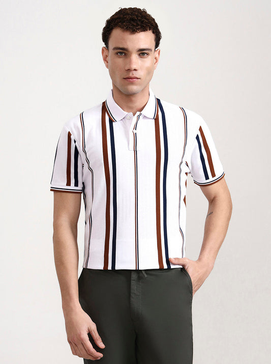 White & Rust Striped Slim Fit Polo T-Shirt | Greenfibre