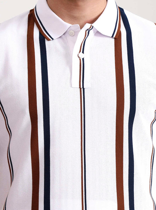 White & Rust Striped Slim Fit Polo T-Shirt | Greenfibre