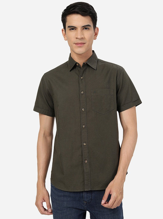 Olive Green Solid Slim Fit Casual Shirt | Greenfibre