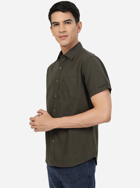 Olive Green Solid Slim Fit Casual Shirt | Greenfibre