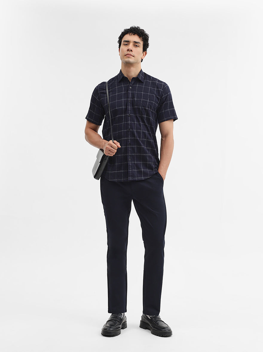 Navy Blue Checked Smart Fit Semi Casual Shirt | Greenfibre