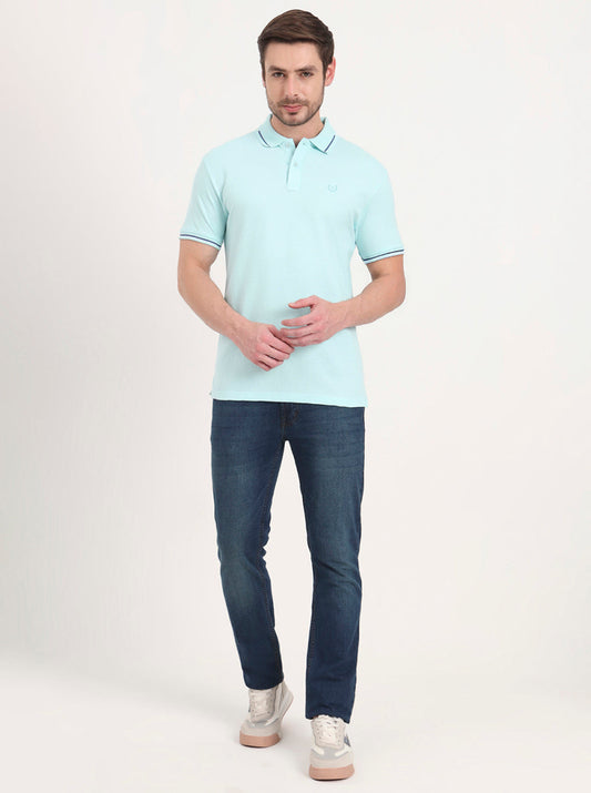 Aqua Blue Solid Slim Fit Polo T-Shirt | Greenfibre