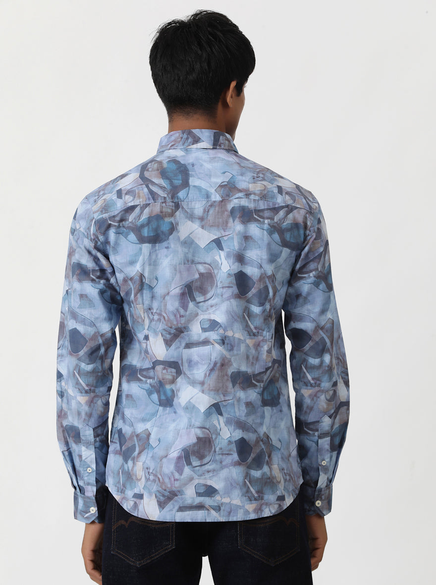 Aqua Blue Printed Slim Fit Casual Shirt | Greenfibre