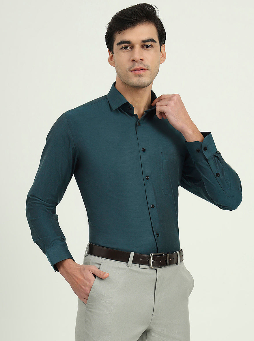 Teal Green Solid Slim Fit Party Wear Shirt | Greenfire