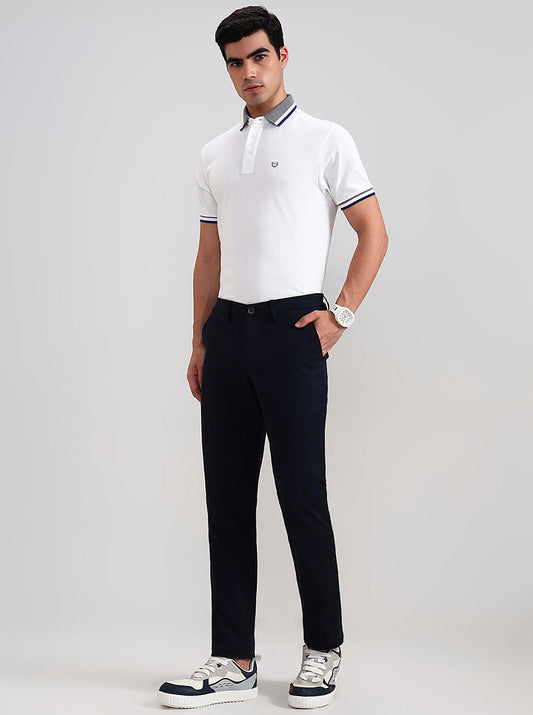 Navy Blue Solid Neo Fit Casual Trouser | Greenfibre