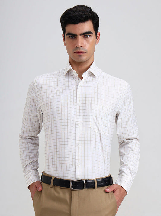 White & Fawn Checked Regular Fit Formal Shirt | Greenfibre