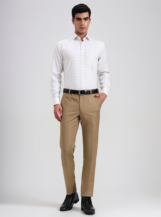White & Fawn Checked Regular Fit Formal Shirt | Greenfibre