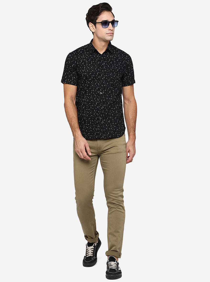 Jet Black Printed Slim Fit Semi Casual Shirt | Greenfibre