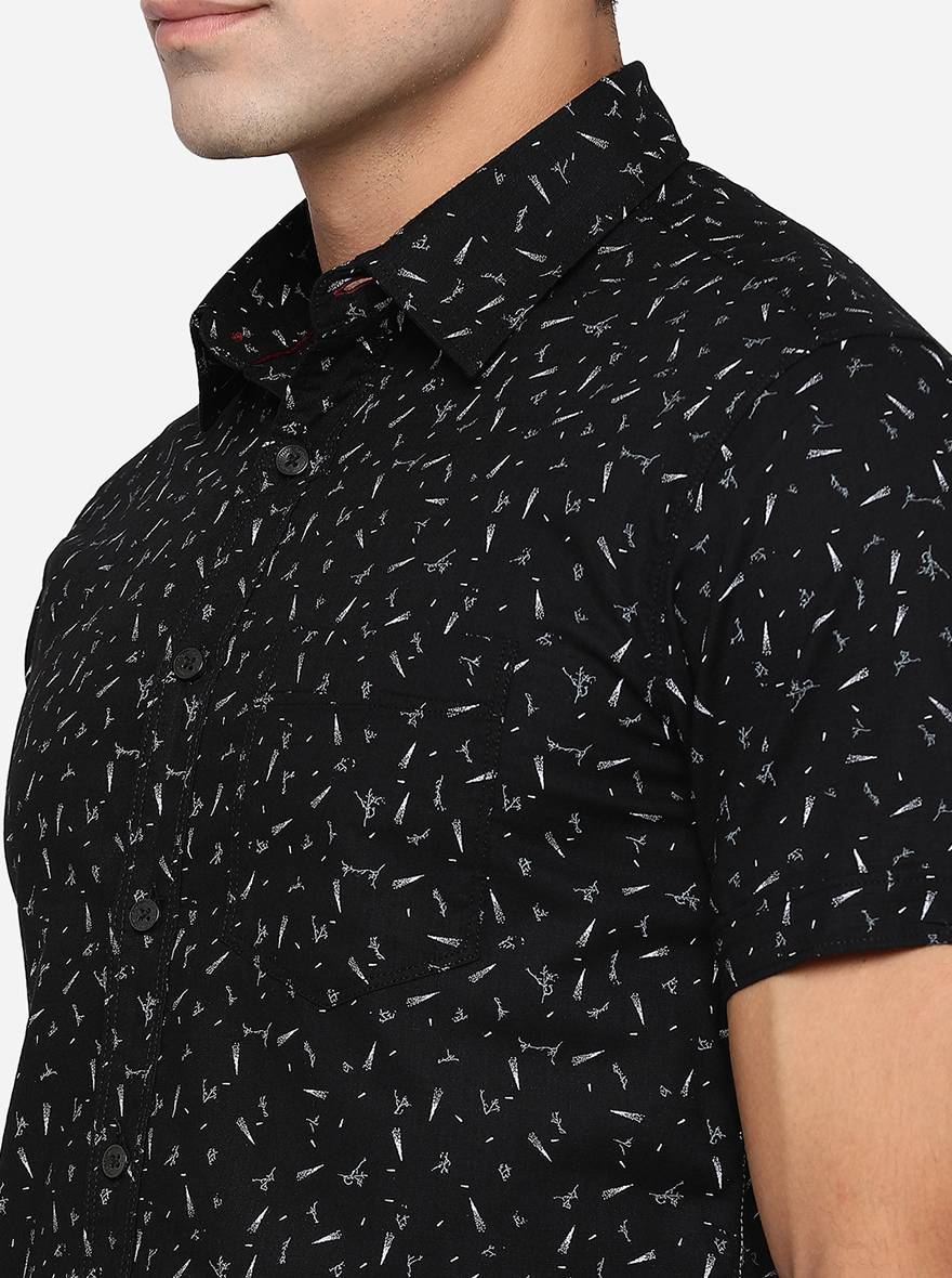 Jet Black Printed Slim Fit Semi Casual Shirt | Greenfibre