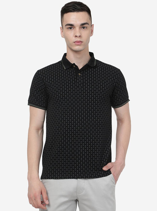 Black Printed Slim Fit Polo T-Shirt | Greenfibre