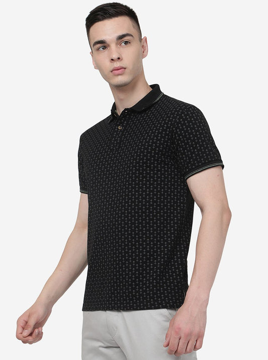 Black Printed Slim Fit Polo T-Shirt | Greenfibre