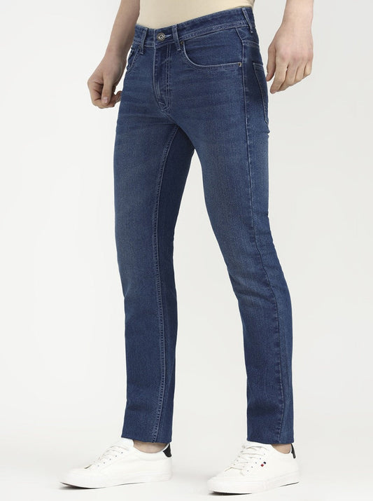 Mid Indigo Blue Solid Narrow Fit Jeans | Greenfibre
