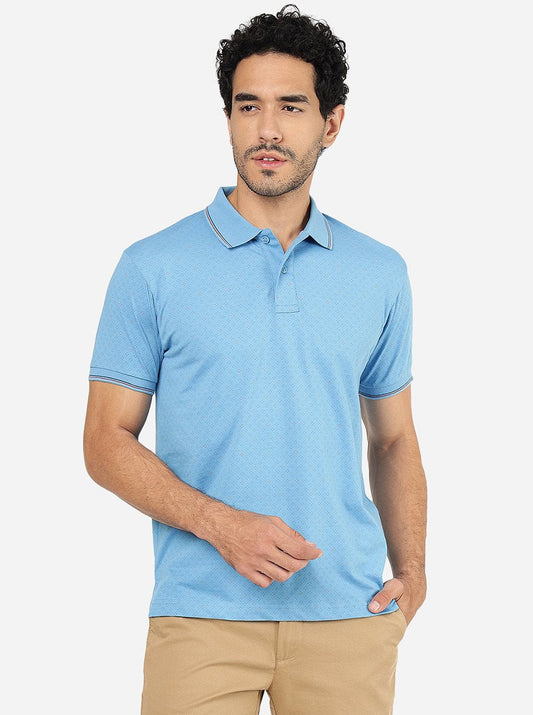 Blue Printed Slim Fit Polo T-Shirt | Greenfibre