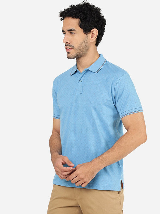 Blue Printed Slim Fit Polo T-Shirt | Greenfibre