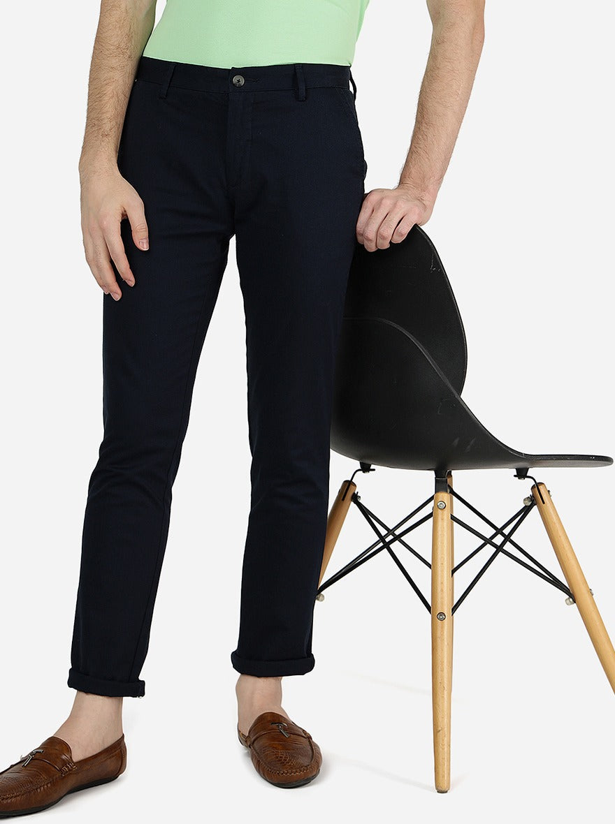 Navy Blue Solid Super Slim Fit Casual Trouser | Greenfibre