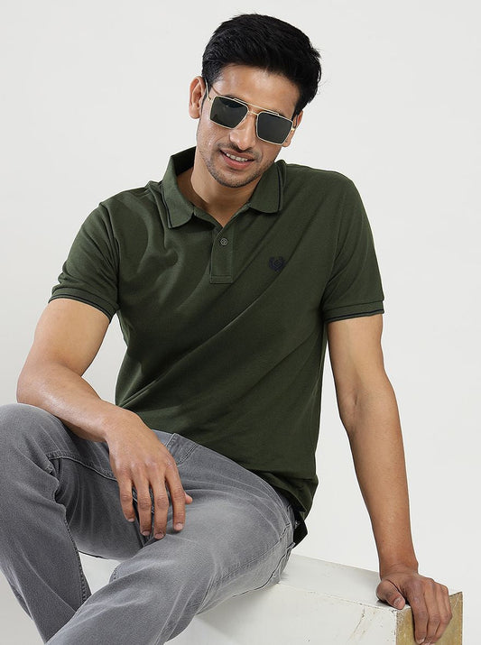 Olive Green Solid Slim Fit Polo T-Shirt | Greenfibre
