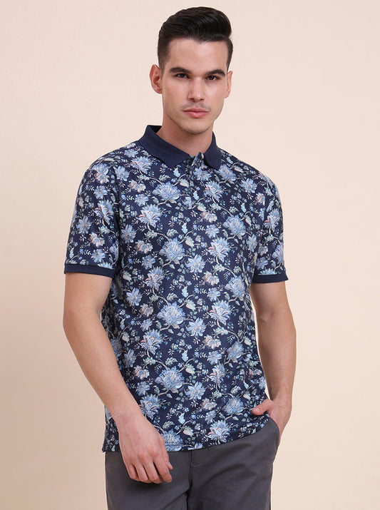 Navy Blue Printed Slim Fit Polo T-Shirt | Greenfibre