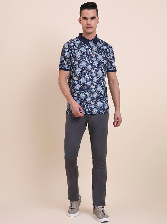 Navy Blue Printed Slim Fit Polo T-Shirt | Greenfibre