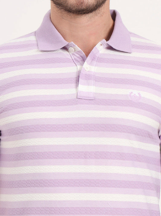 White & Lavender Striped Slim Fit Polo T-Shirt | Greenfibre
