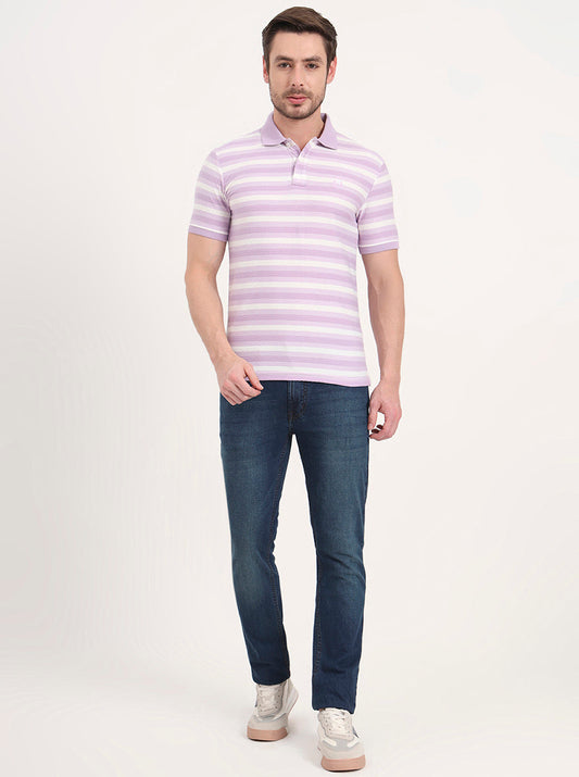 White & Lavender Printed Slim Fit Polo T-Shirt | Greenfibre