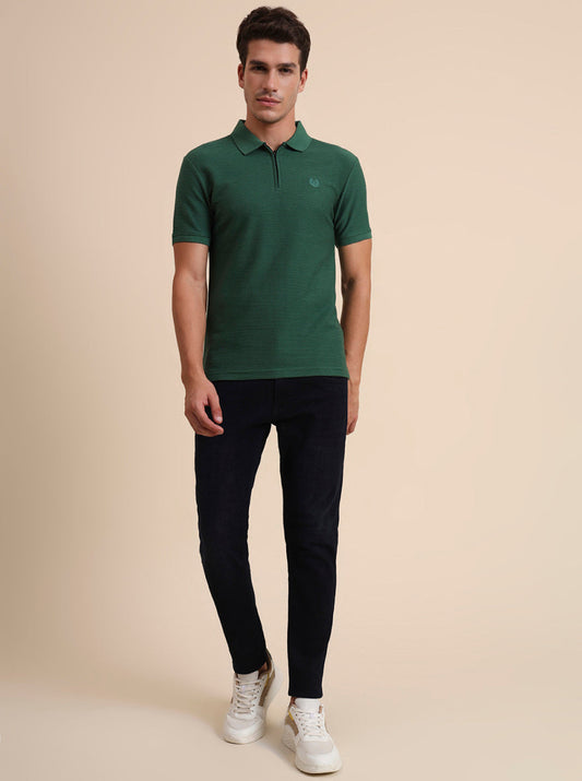 Bottle Green Printed Slim Fit Polo T-Shirt | Greenfibre