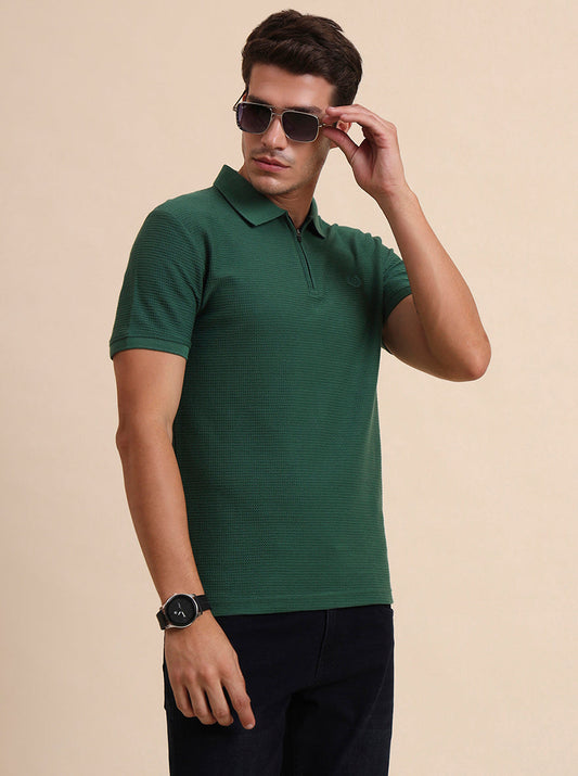 Bottle Green Printed Slim Fit Polo T-Shirt | Greenfibre