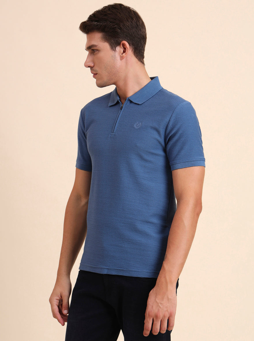 Federal Blue Printed Slim Fit Polo T-Shirt | Greenfibre