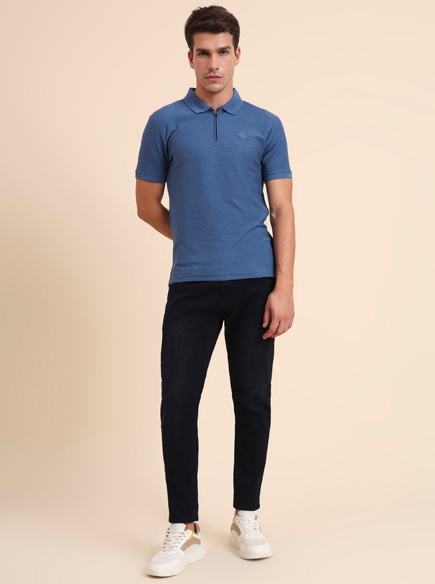 Federal Blue Printed Slim Fit Polo T-Shirt | Greenfibre