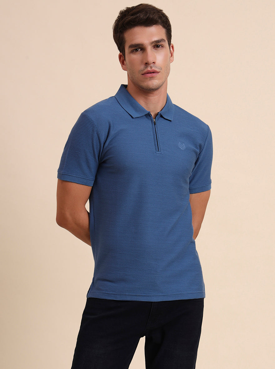 Federal Blue Printed Slim Fit Polo T-Shirt | Greenfibre