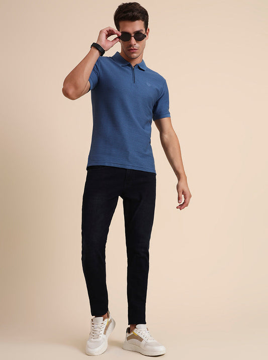 Federal Blue Printed Slim Fit Polo T-Shirt | Greenfibre