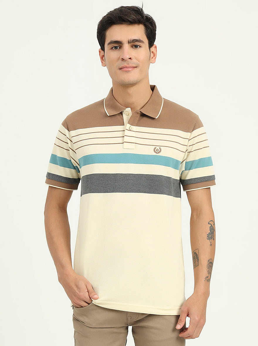 Cream & Brown Striped Slim Fit Polo T-Shirt | Greenfibre