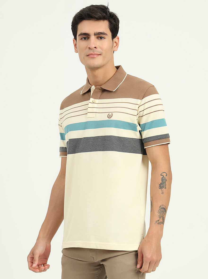 Cream & Brown Striped Slim Fit Polo T-Shirt | Greenfibre