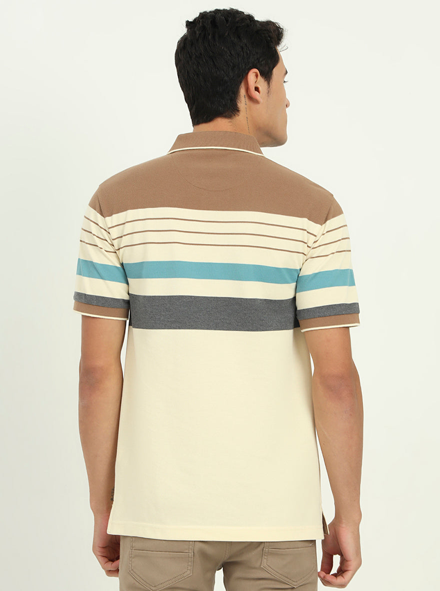 Cream & Brown Striped Slim Fit Polo T-Shirt | Greenfibre
