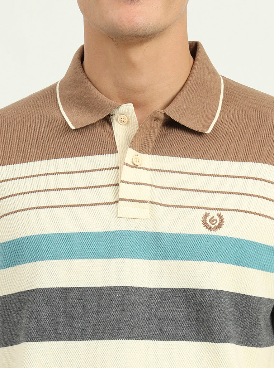 Cream & Brown Striped Slim Fit Polo T-Shirt | Greenfibre