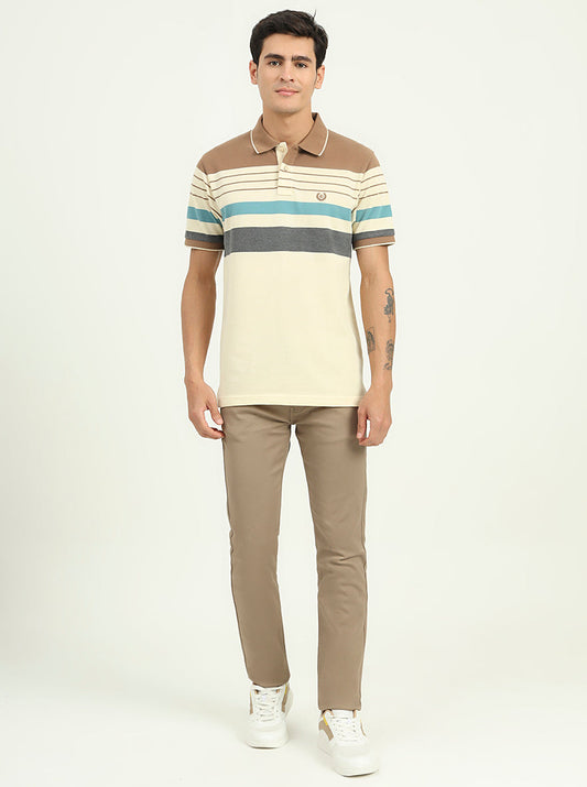 Cream & Brown Striped Slim Fit Polo T-Shirt | Greenfibre