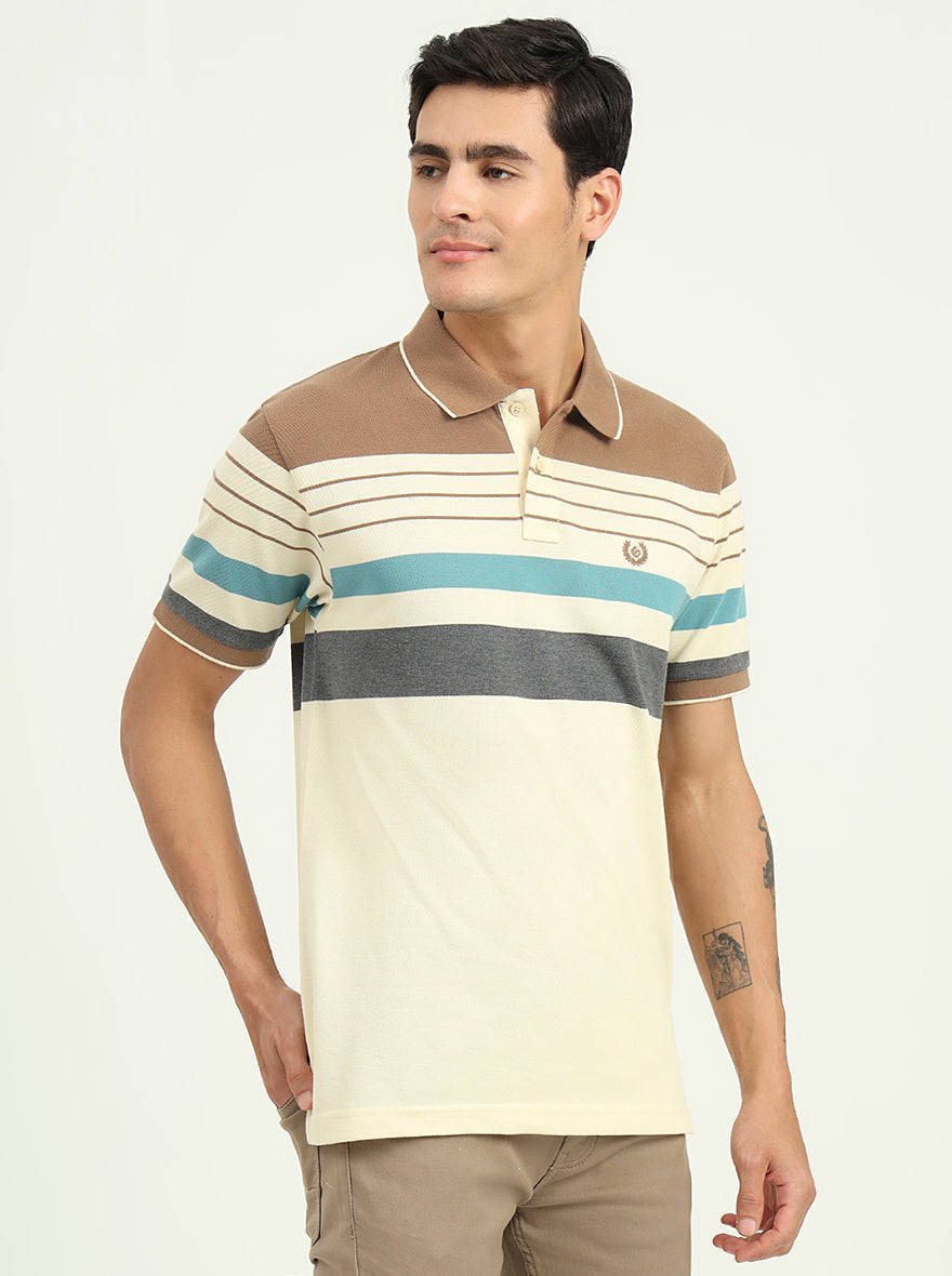 Cream & Brown Striped Slim Fit Polo T-Shirt | Greenfibre