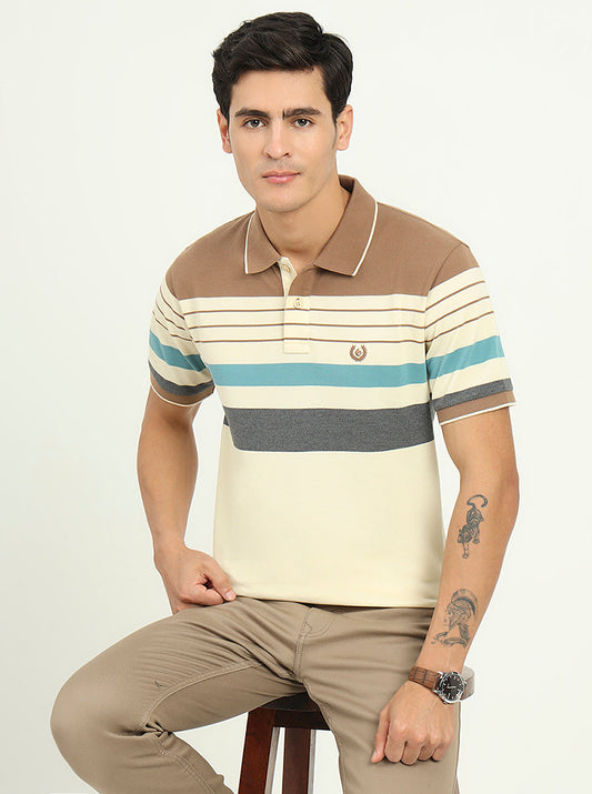 Cream & Brown Striped Slim Fit Polo T-Shirt | Greenfibre