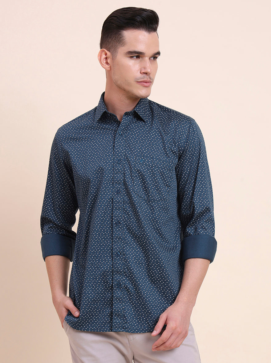 Medium Blue Printed Smart Fit Semi Casual Shirt | Greenfibre