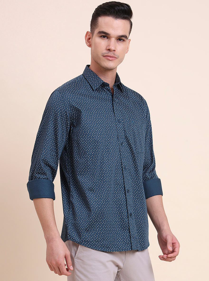 Medium Blue Printed Smart Fit Semi Casual Shirt | Greenfibre