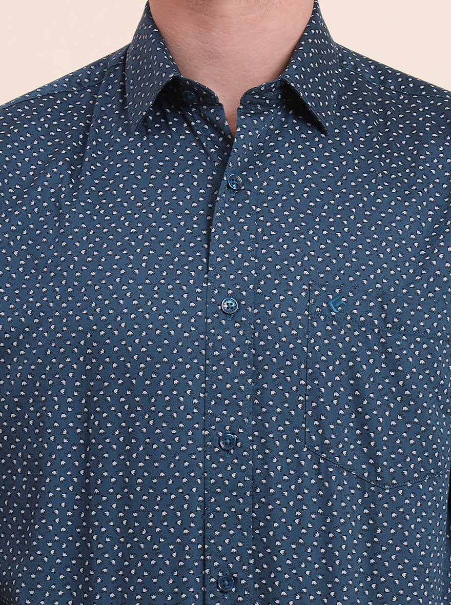 Medium Blue Printed Smart Fit Semi Casual Shirt | Greenfibre