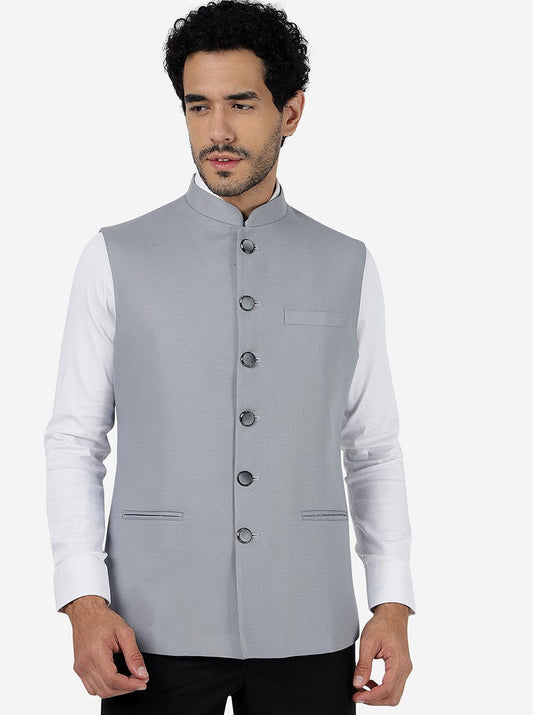 Light Grey Solid Regular Fit Bandhgala Jacket | Greenfibre