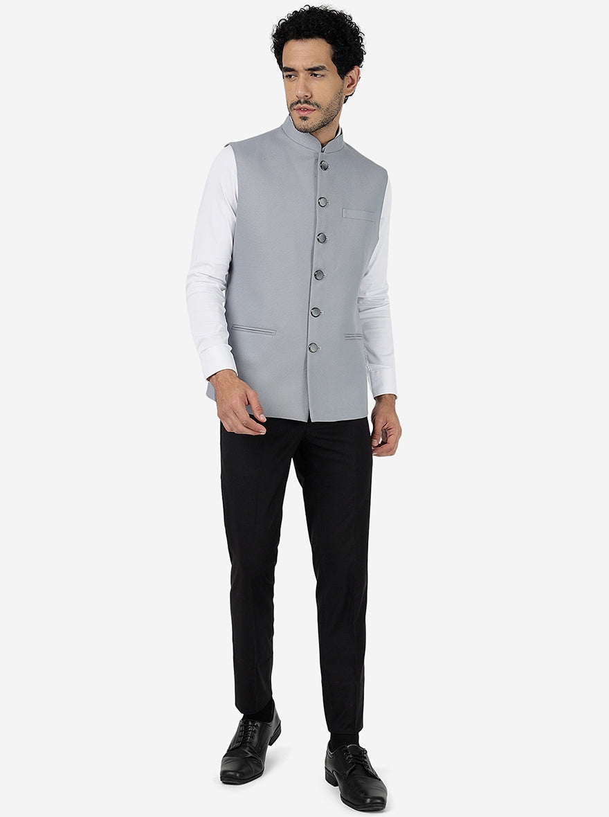 Light Grey Solid Regular Fit Bandhgala Jacket | Greenfibre