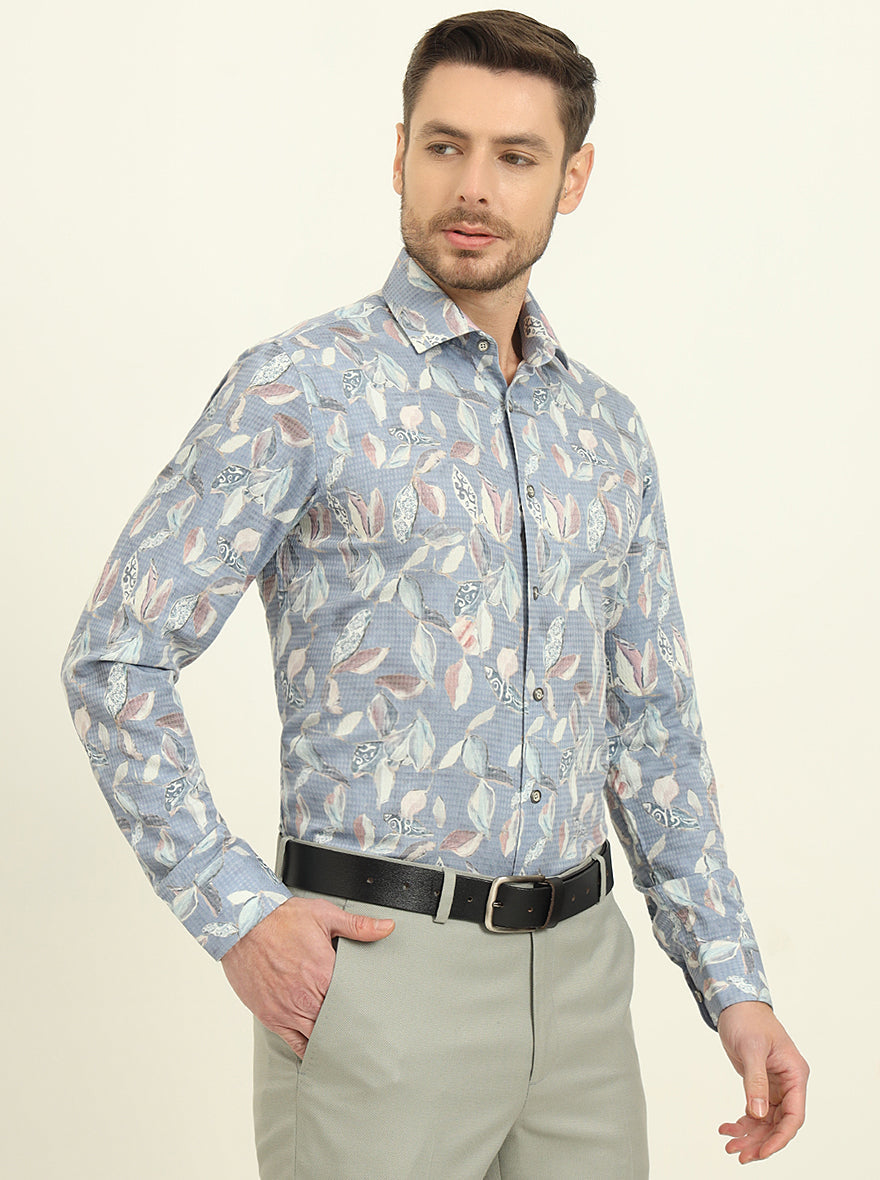 Blue Printed Slim Fit Party Wear Shirt | Wyre