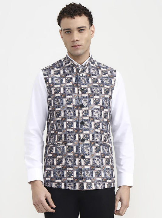 Blue & White Printed Waistcoat | Greenfibre