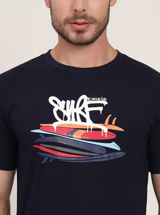 Navy Blue Printed Slim Fit T-Shirt | JadeBlue