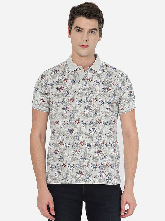 Ecru Melange Printed Slim Fit Polo T-Shirt | Greenfibre