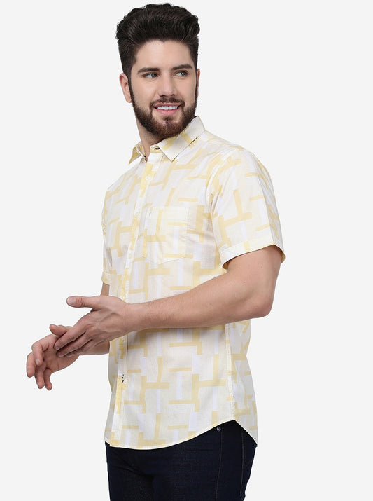 Haze Yellow Printed Slim Fit Casual Shirt | Greenfibre